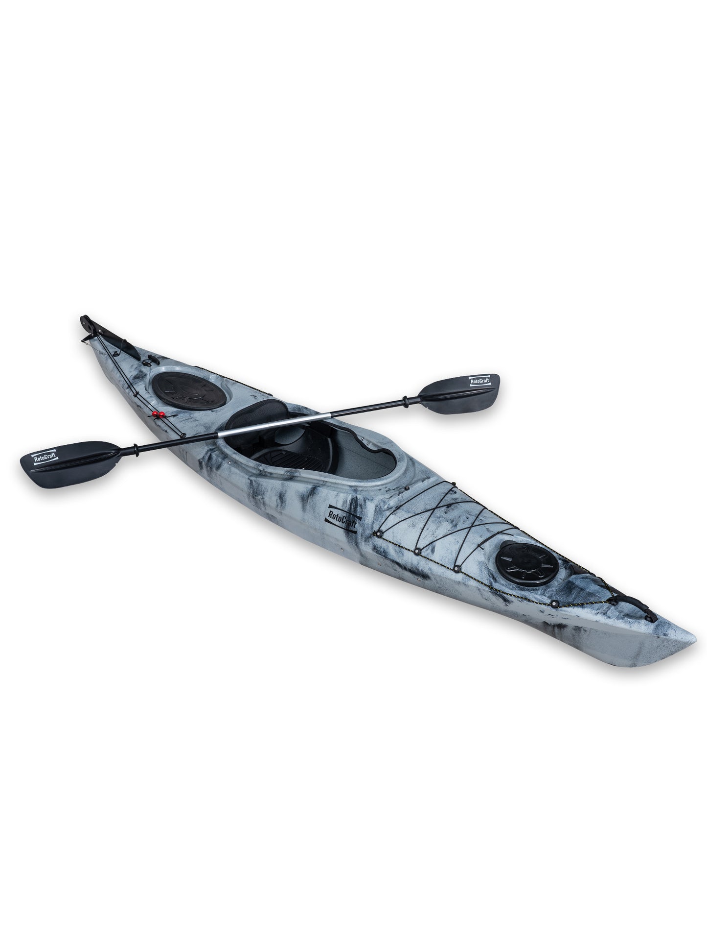 RotoCraft 12 foot single sit-in kayak, angle view with paddle - granite gray with black accent