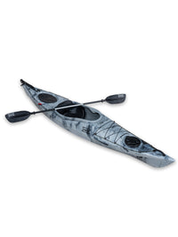 RotoCraft 12 foot single sit-in kayak, angle view with paddle - granite gray with black accent