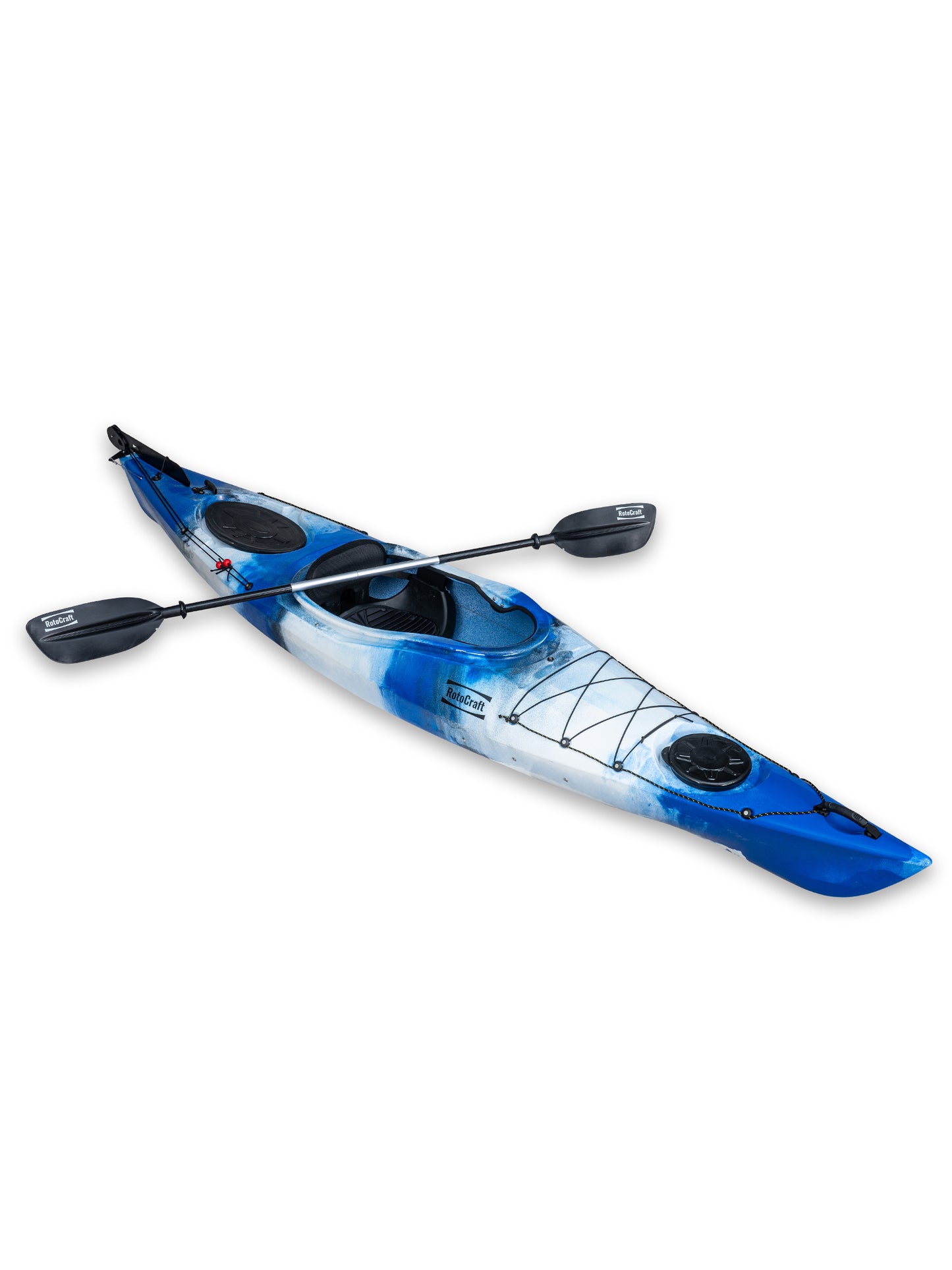 RotoCraft 12 foot single sit-in kayak, angle view with paddle - oceana blue and white