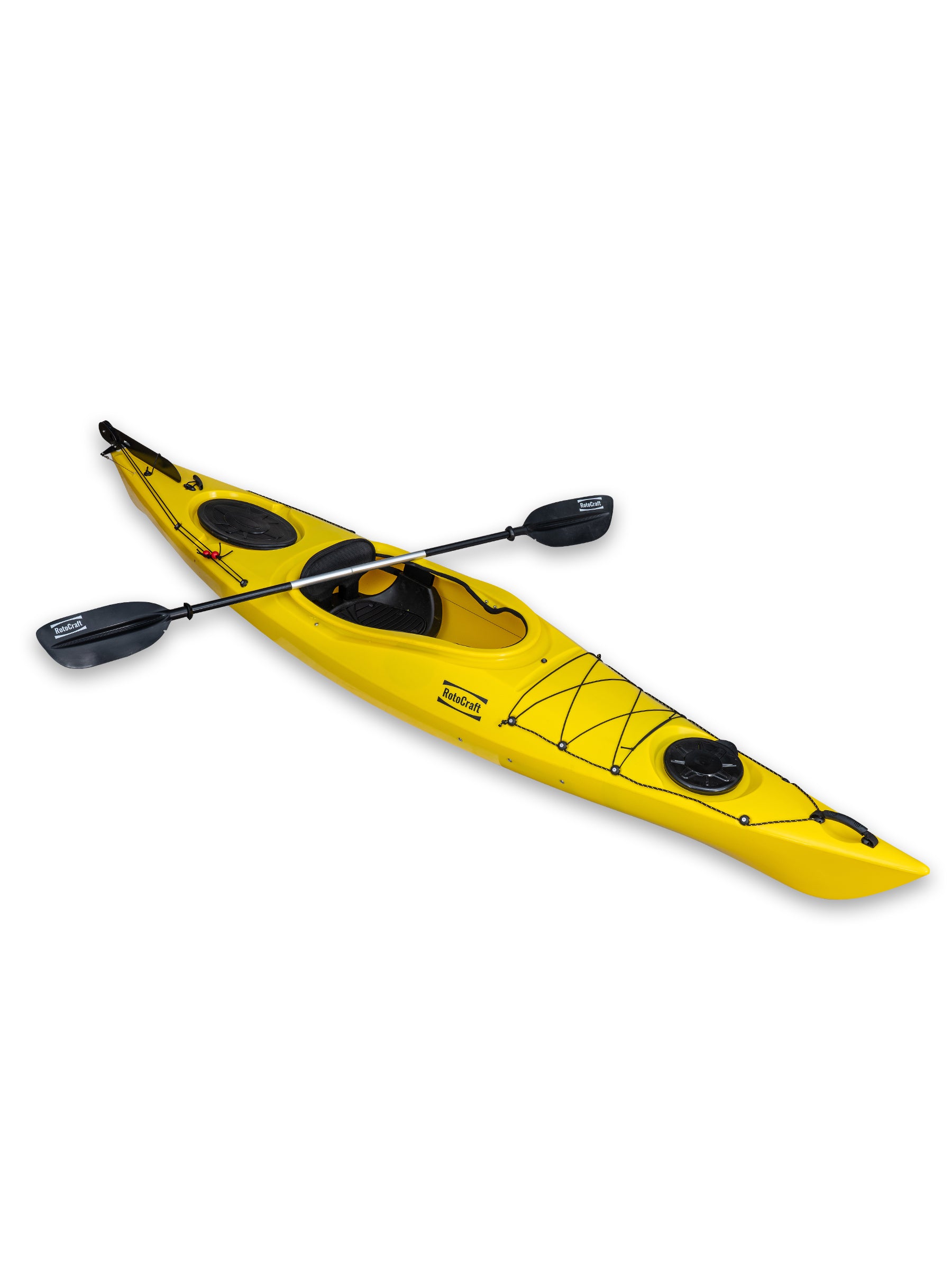 RotoCraft 12 foot single sit-in kayak, angle view with paddle - solar yellow
