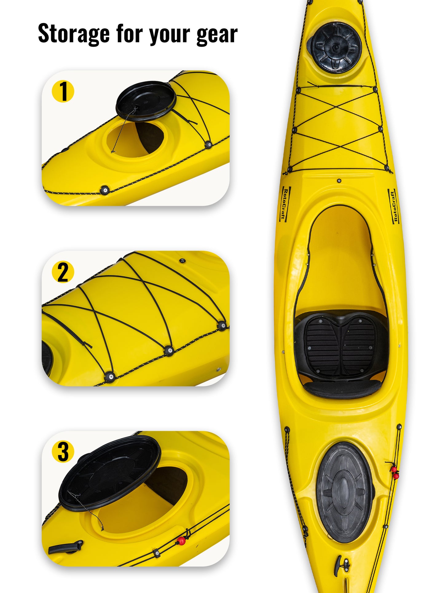 RotoCraft 12 foot single sit-in kayak, storage hatch and bungee - solar yellow