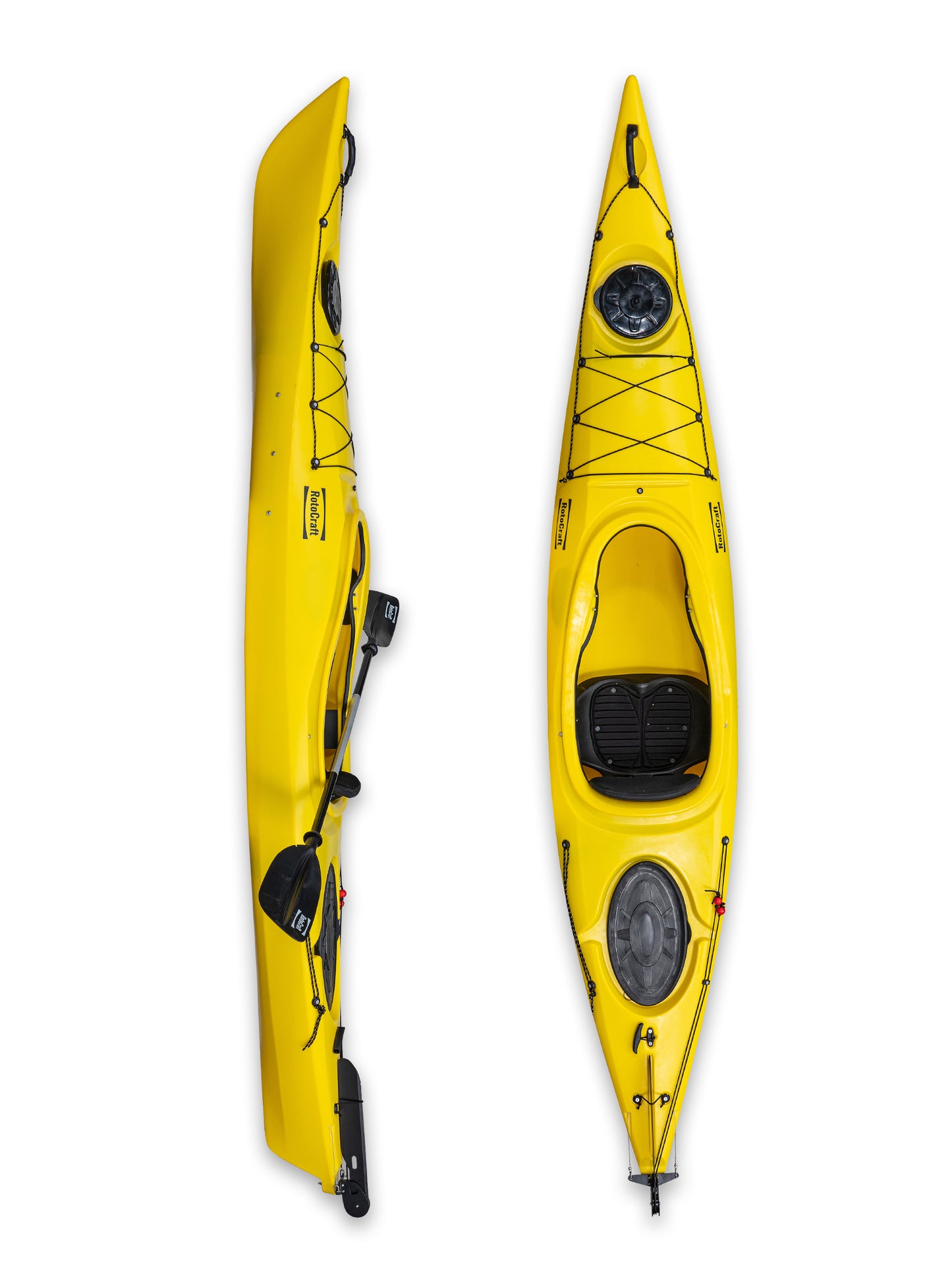RotoCraft 12 foot single sit-in kayak, vertical and side view- solar yellow