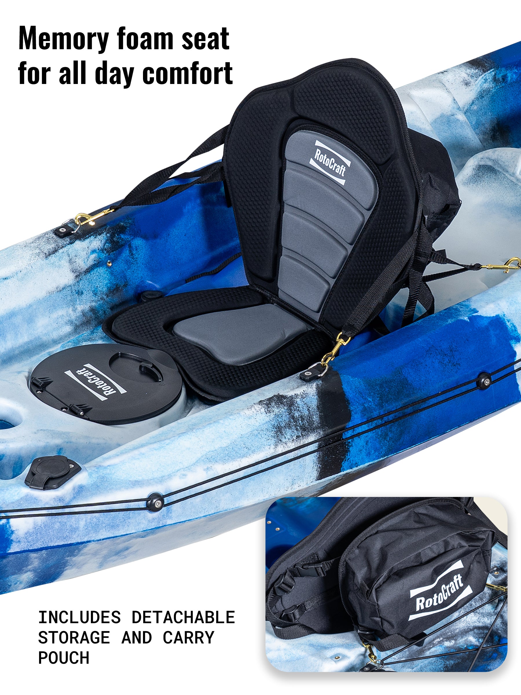 RotoCraft 12.5 foot tandem two person kayak, memory foam seat with storage - oceana blue with white