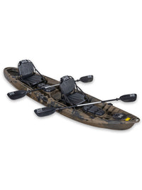 RotoCraft 12.5 foot pro tandem two person kayak, angle view with paddles - camouflage