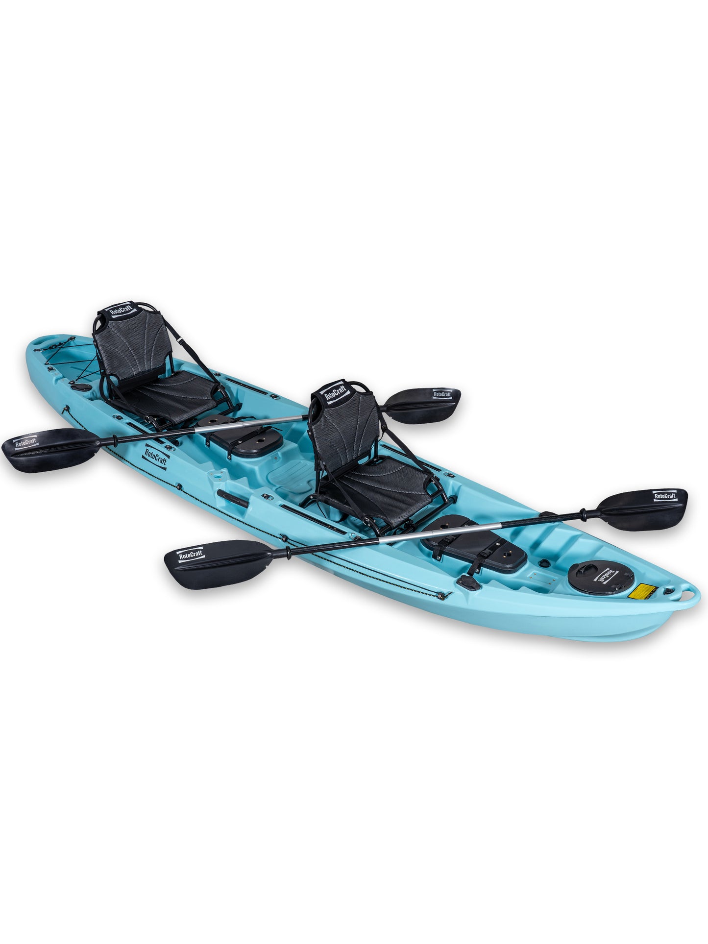 RotoCraft 12.5 foot pro tandem two person kayak, angle view with paddles - glacier blue