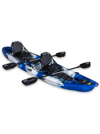 RotoCraft 12.5 foot pro tandem two person kayak, angle view with paddles - oceana blue with white