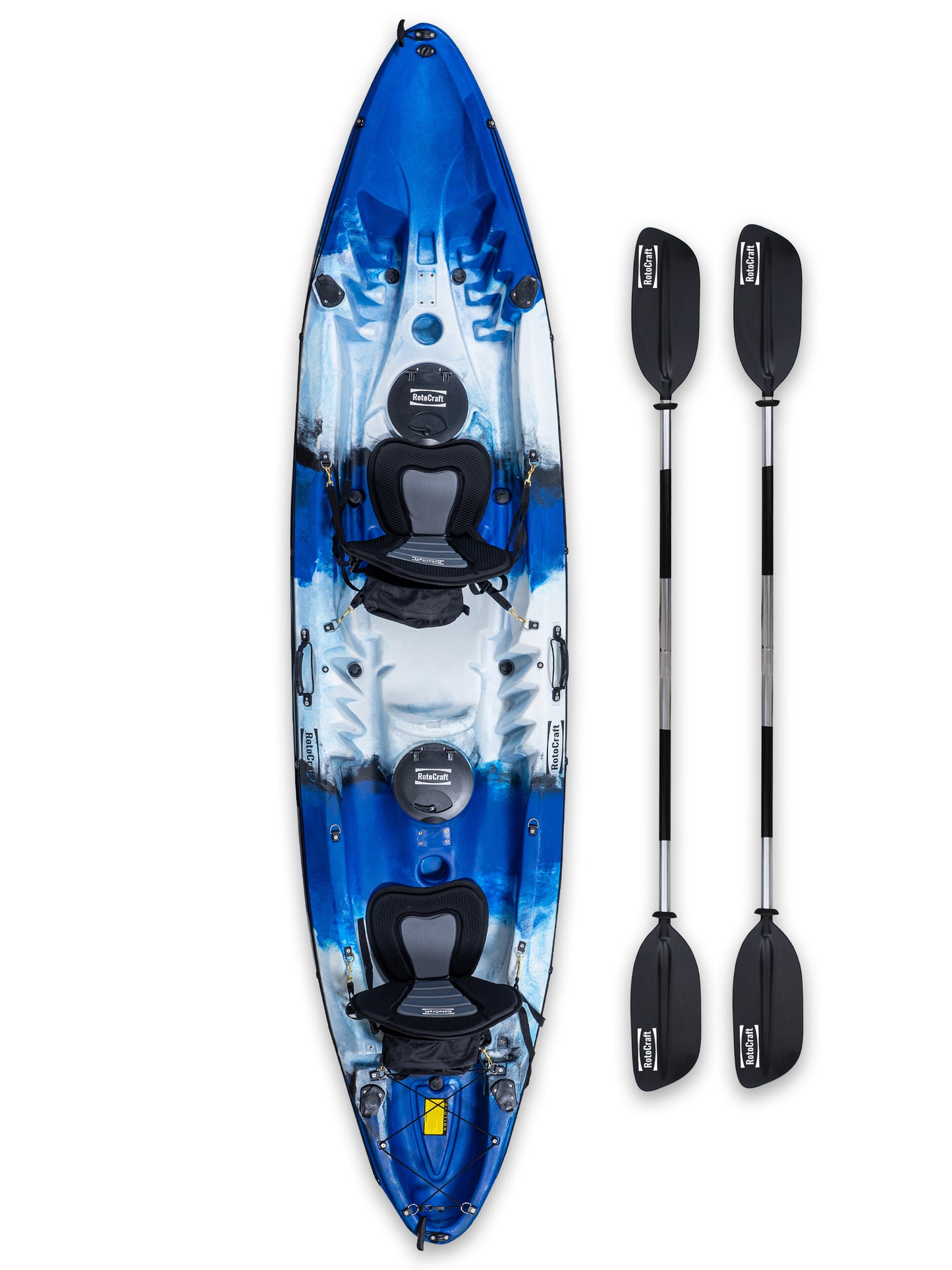 RotoCraft 12.5 foot tandem kayak, overhead view with paddles - oceana blue with white