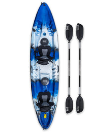 RotoCraft 12.5 foot tandem kayak, overhead view with paddles - oceana blue with white