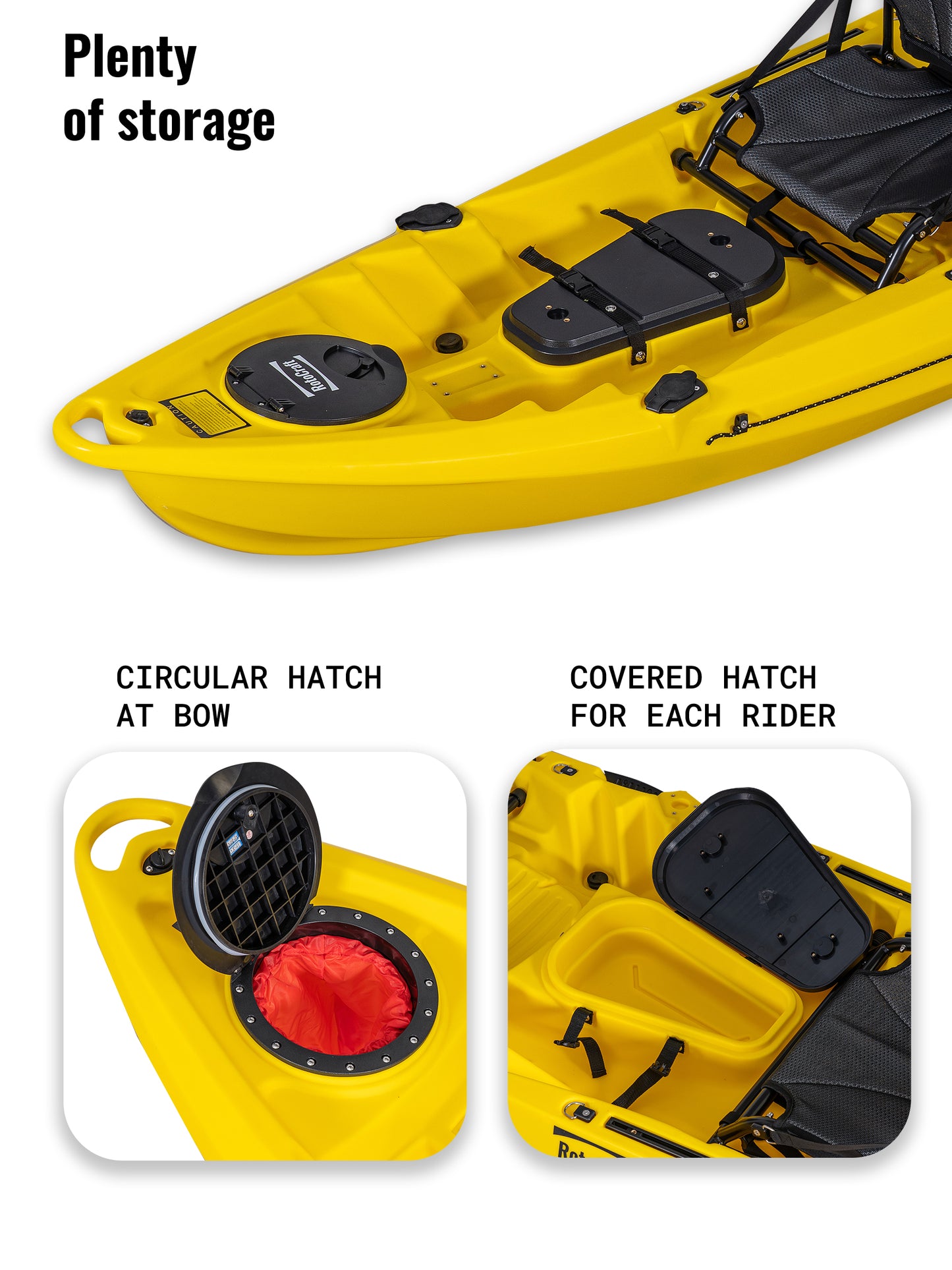 RotoCraft 12.5 foot pro tandem two person kayak, with three storage hatches - solar yellow
