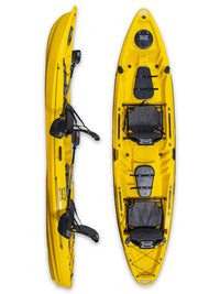 RotoCraft 12.5 foot pro tandem two person kayak, vertical and side views - solar yellow