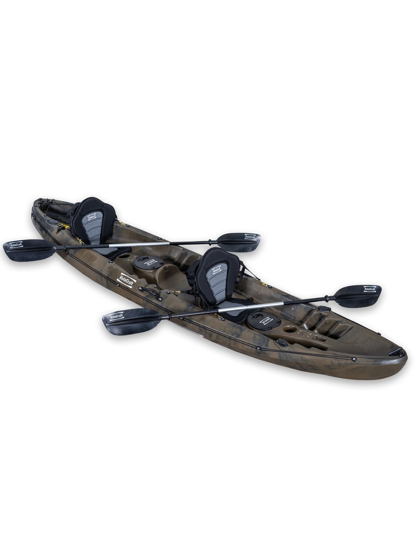 
RotoCraft 12.5 foot tandem two person kayak, angle view with paddles - camouflage