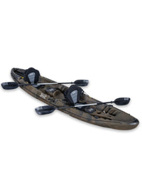 
RotoCraft 12.5 foot tandem two person kayak, angle view with paddles - camouflage
