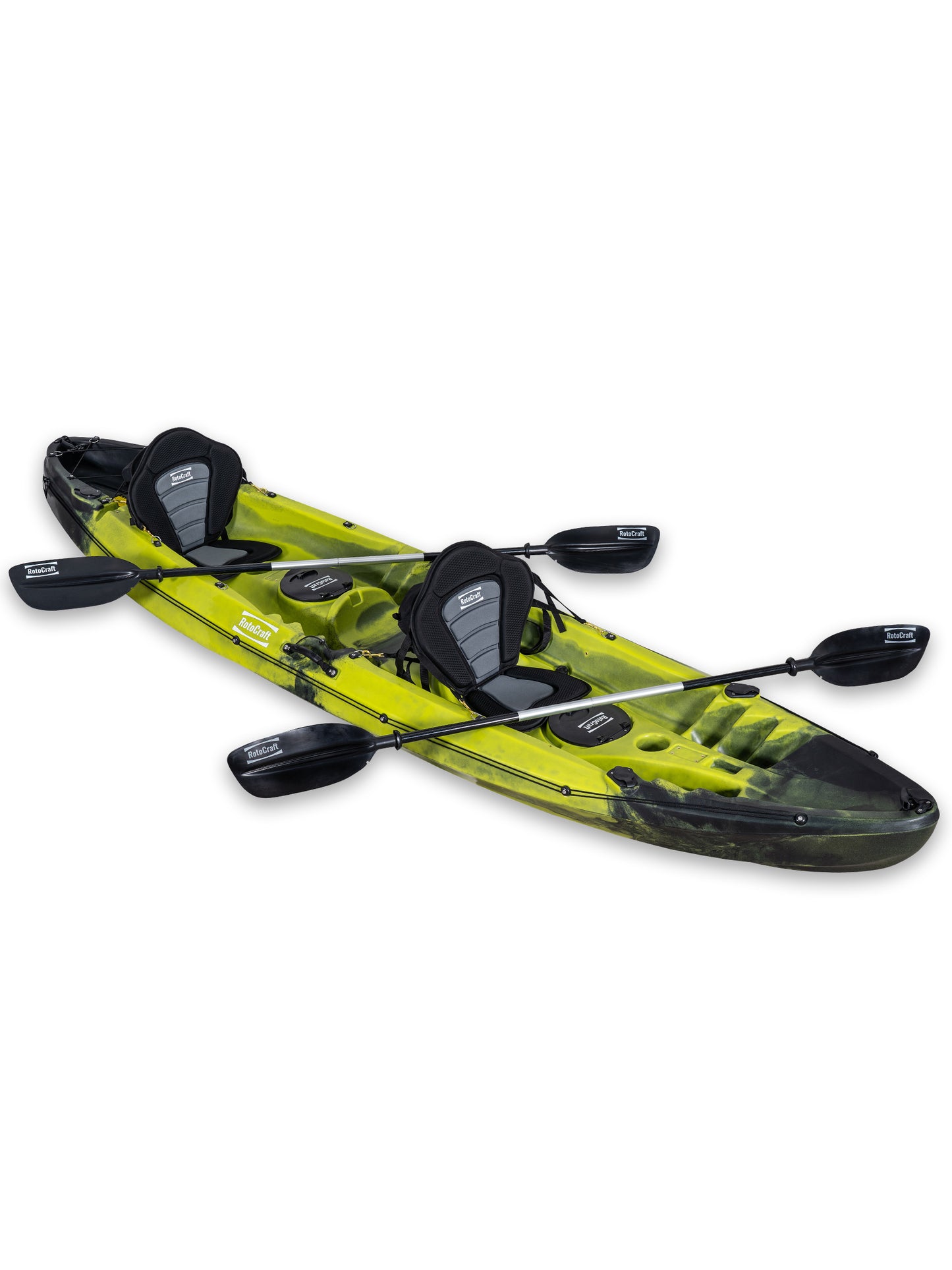 RotoCraft 12.5 foot tandem two person kayak, angle view with paddles - gecko lime green with black accent