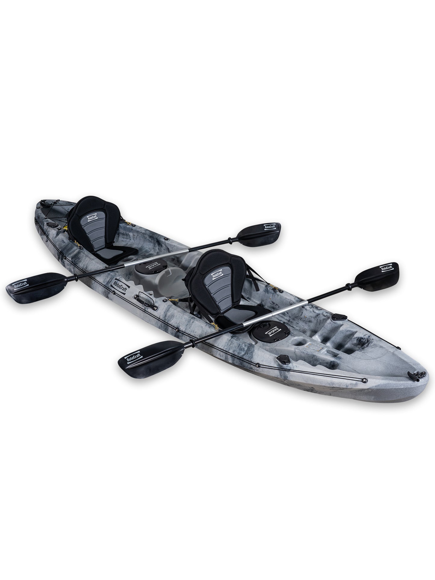 RotoCraft 12.5 foot tandem two person kayak, angle view with paddles - granite grey with black accent