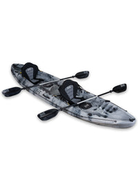 RotoCraft 12.5 foot tandem two person kayak, angle view with paddles - granite grey with black accent
