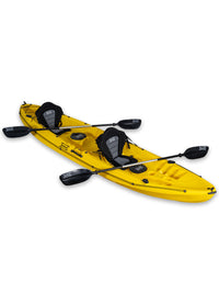 RotoCraft 12.5 foot tandem two person kayak, angle view with paddles - solar yellow