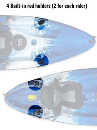 RotoCraft 12.5 foot tandem two person kayak, four rod holders - oceana blue with white