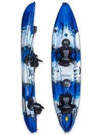 RotoCraft 12.5 foot tandem two person kayak, vertical and side view - oceana blue with white