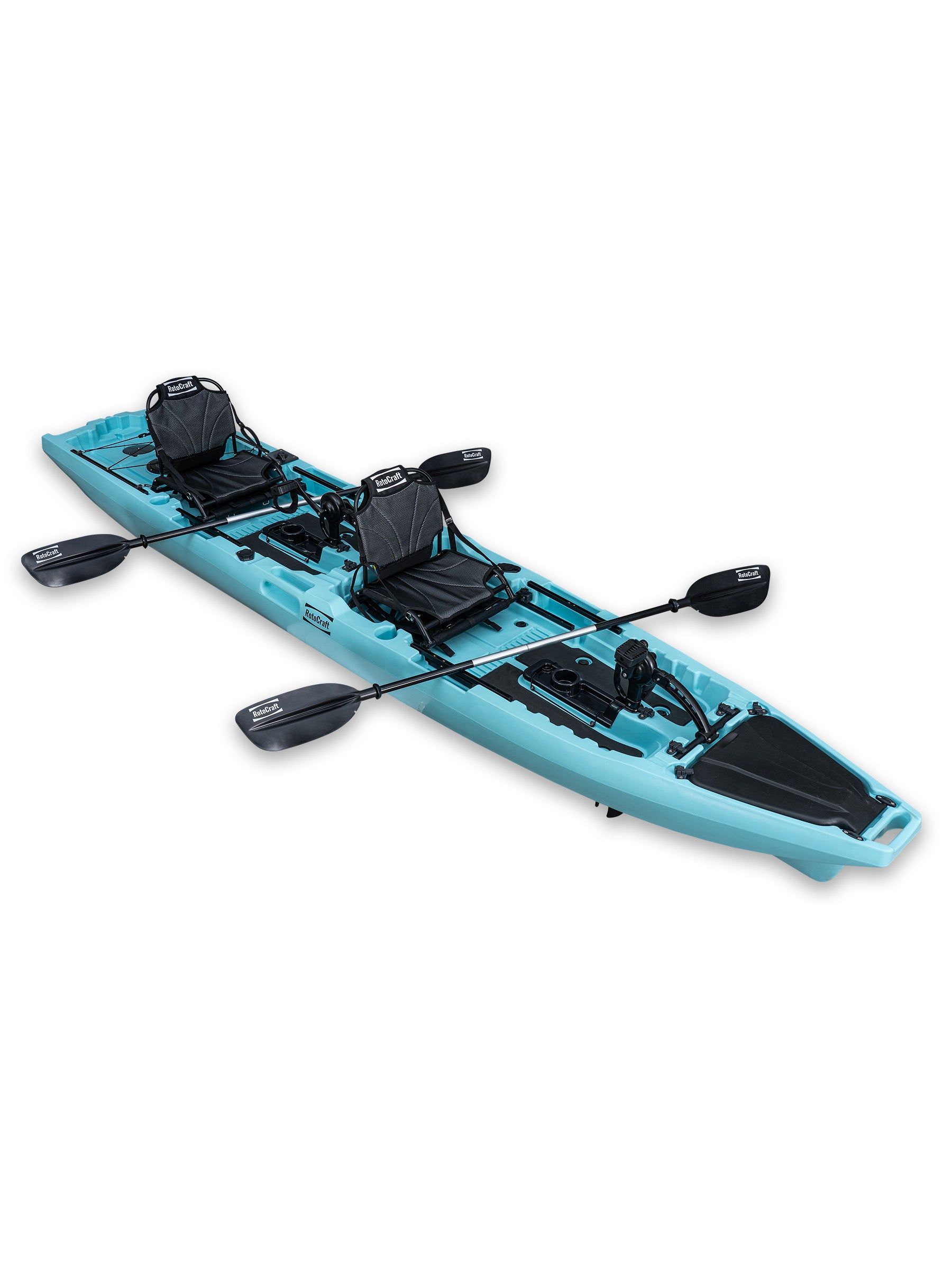 RotoCraft 14 foot Pro Tandem Pedal Kayak, angle view with paddles- glacier