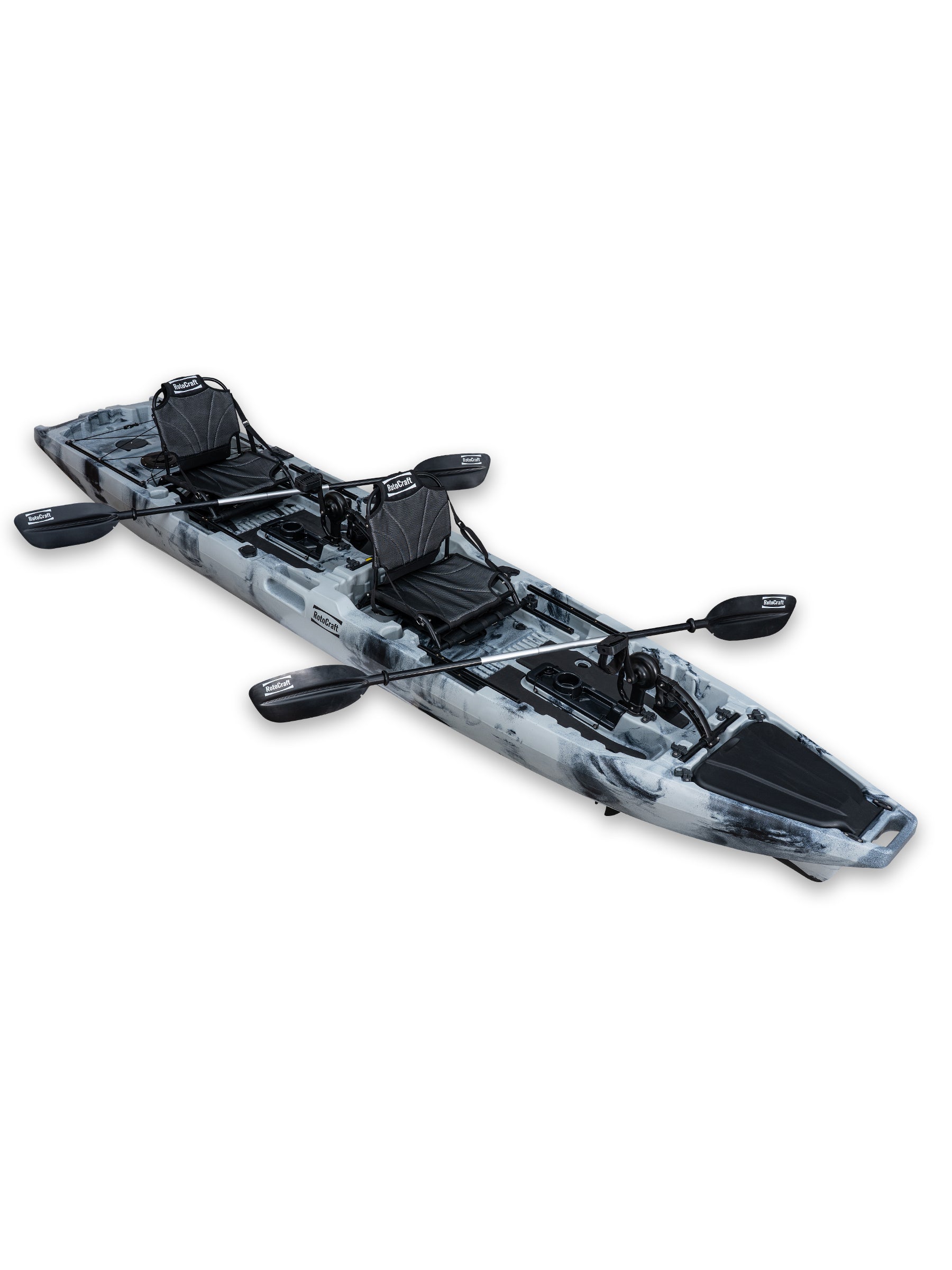 RotoCraft 14 foot Pro Tandem Pedal Kayak, angle view with paddles- granite