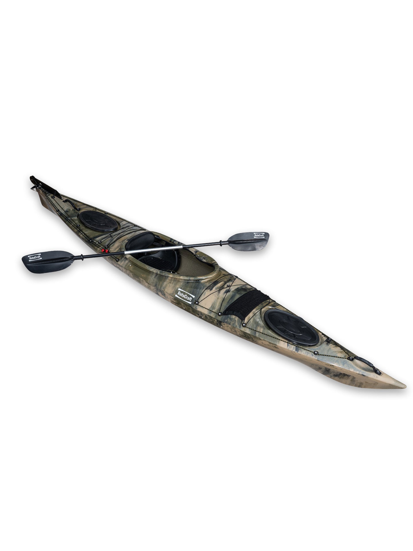 RotoCraft 14 foot single sit-in kayak, angle view with paddle - camouflage