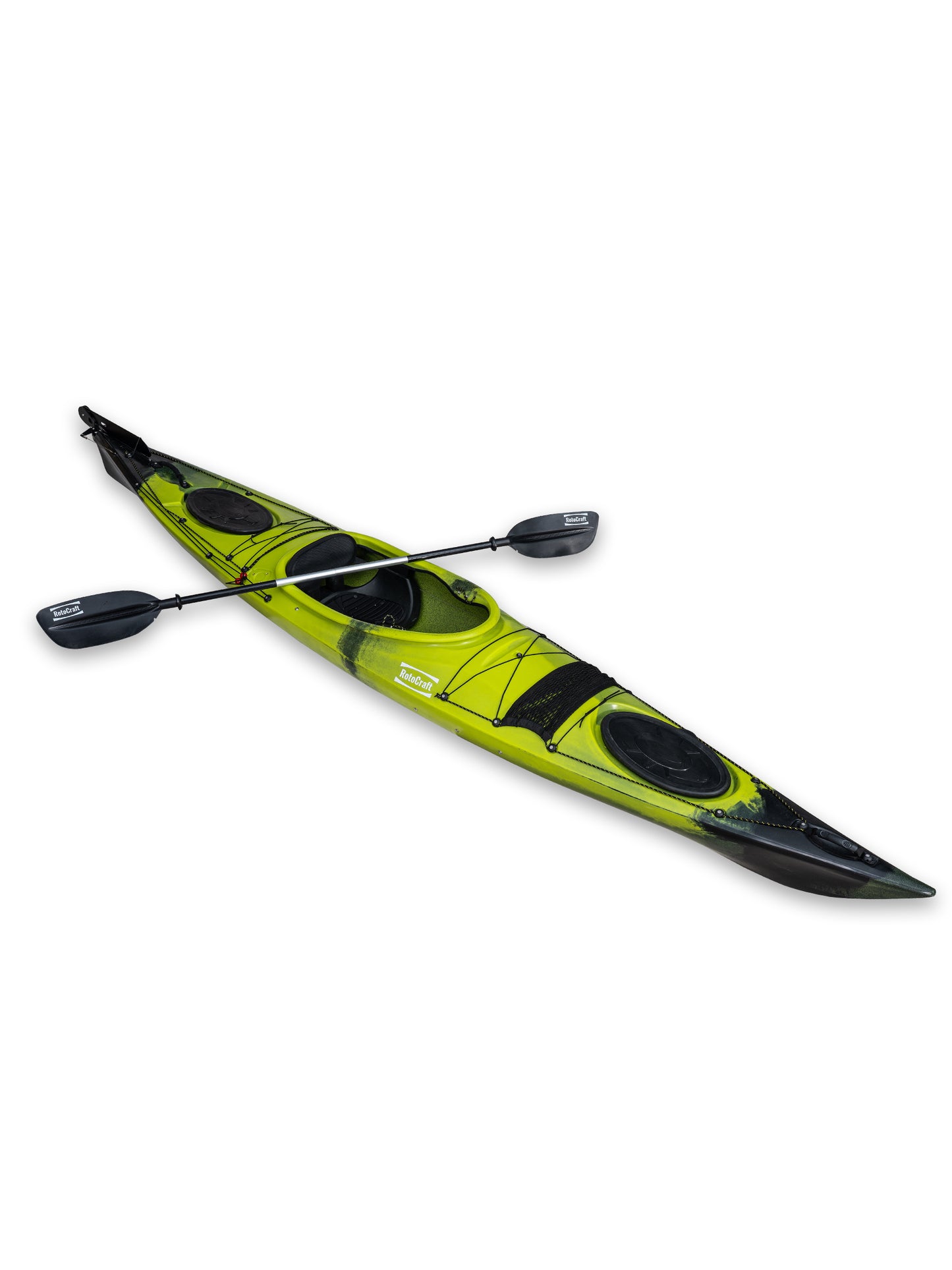 RotoCraft 14 foot single sit-in kayak, angle view with paddle - gecko
