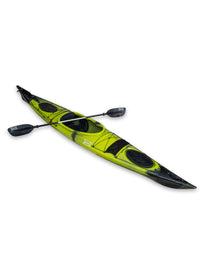 RotoCraft 14 foot single sit-in kayak, angle view with paddle - gecko