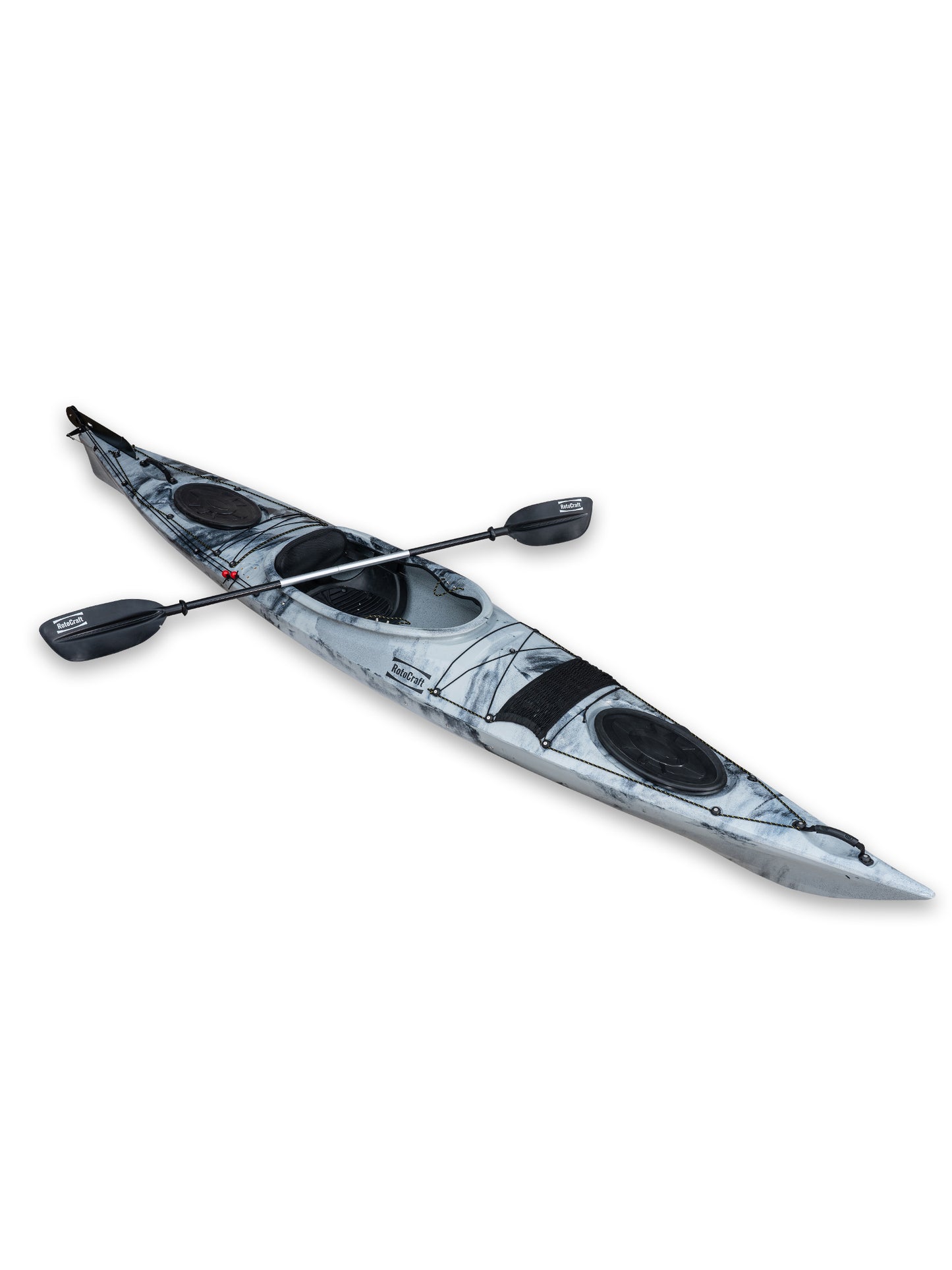 RotoCraft 14 foot single sit-in kayak, angle view with paddle - granite