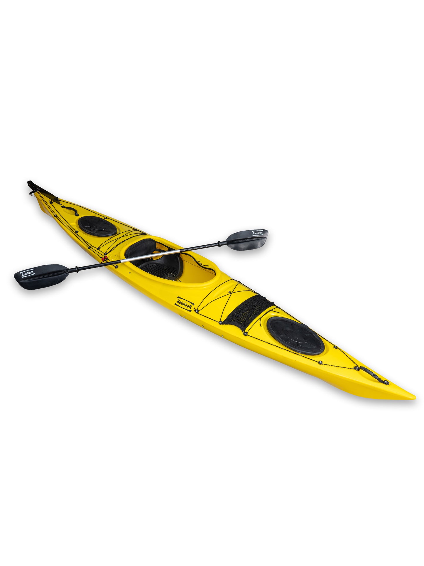 RotoCraft 14 foot single sit-in kayak, angle view with paddle - solar