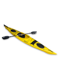 RotoCraft 14 foot single sit-in kayak, angle view with paddle - solar