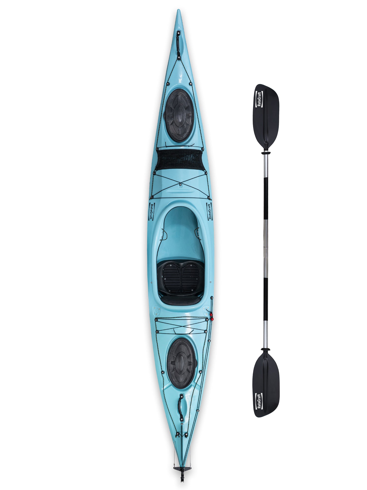 RotoCraft 14 foot single sit-in kayak, overhead view with paddle - glacier