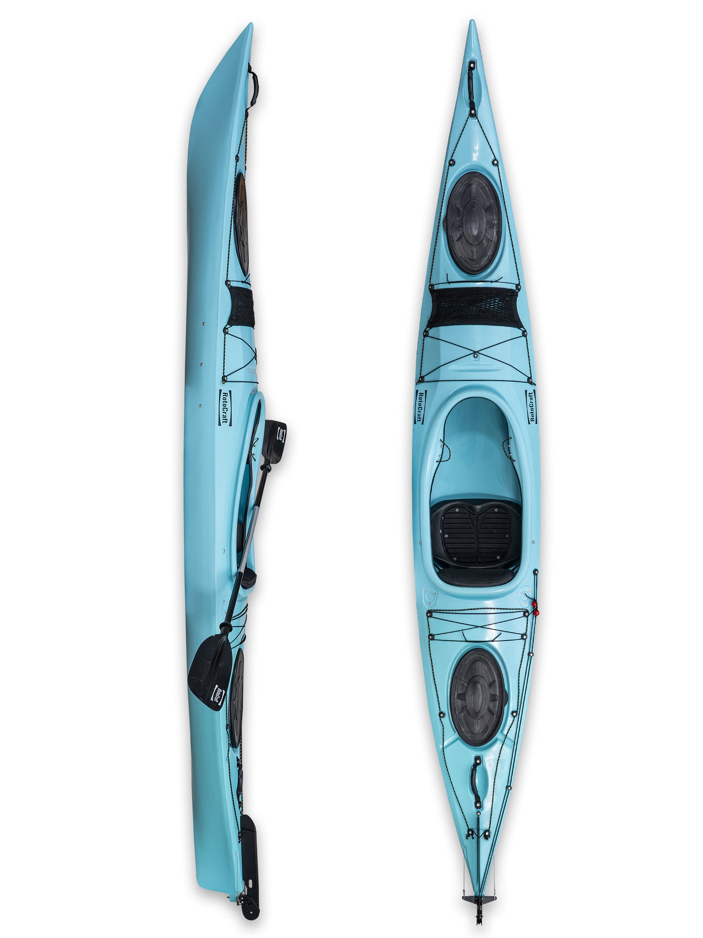 RotoCraft 14 foot single sit-in kayak, vertical and side views - glacier