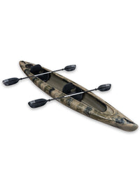 RotoCraft 14 foot tandem sit-in kayak, angle view with paddles - camouflage