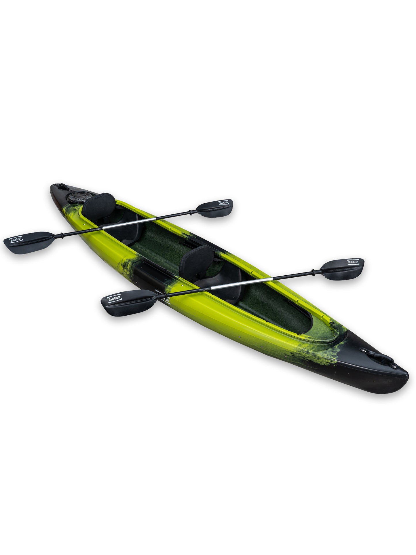 RotoCraft 14 foot tandem sit-in kayak, angle view with paddles - gecko