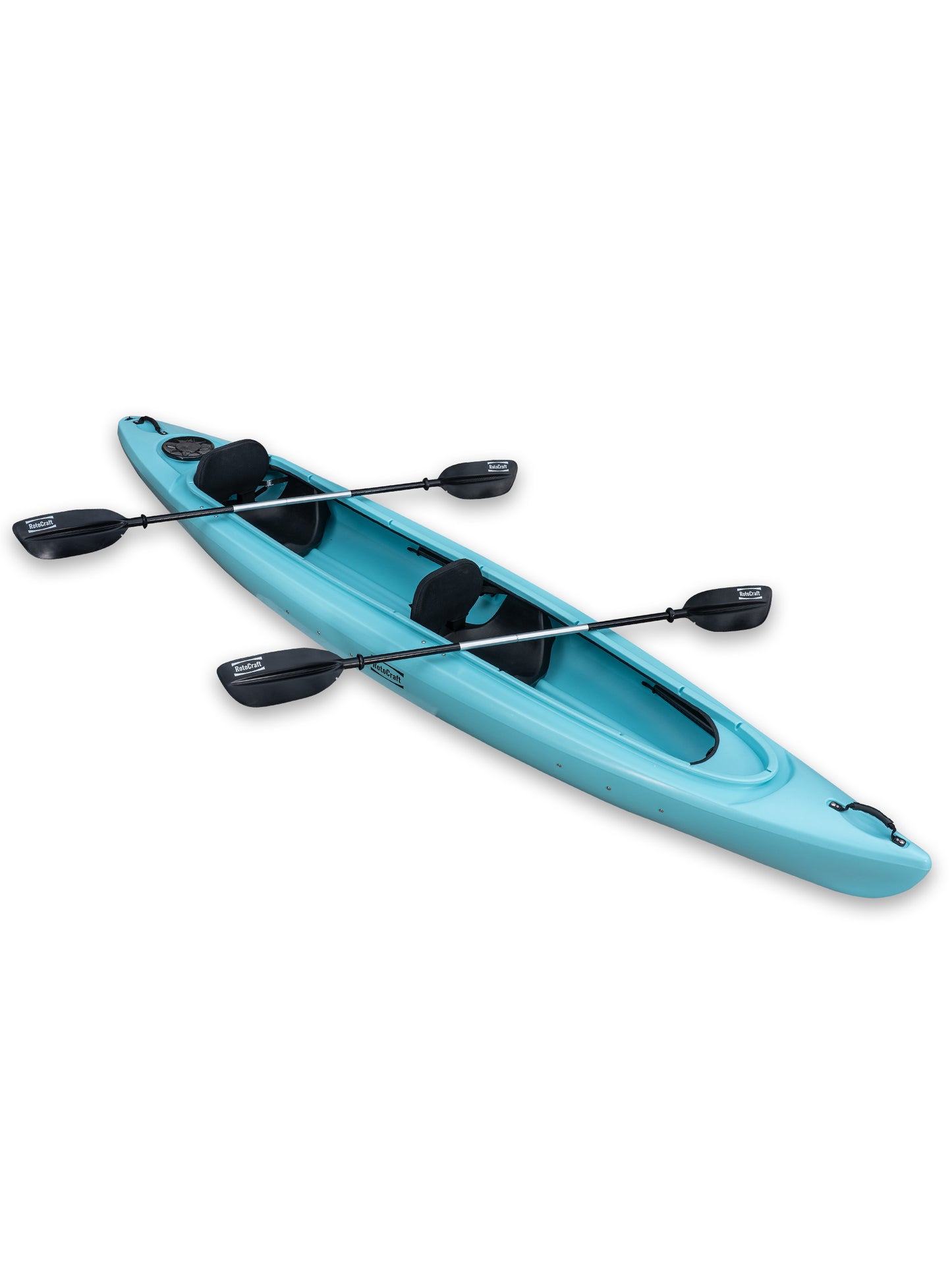 RotoCraft 14 foot tandem sit-in kayak, angle view with paddles - glacier
