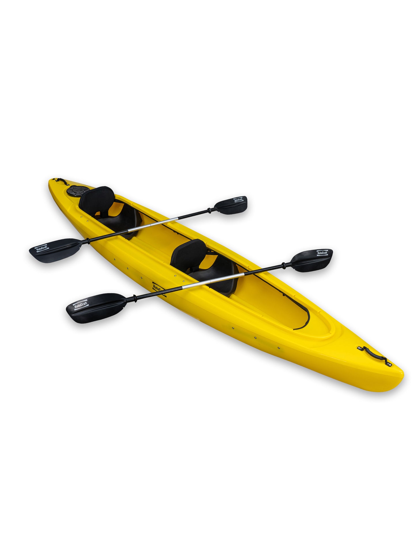 RotoCraft 14 foot tandem sit-in kayak, angle view with paddles - solar yellow