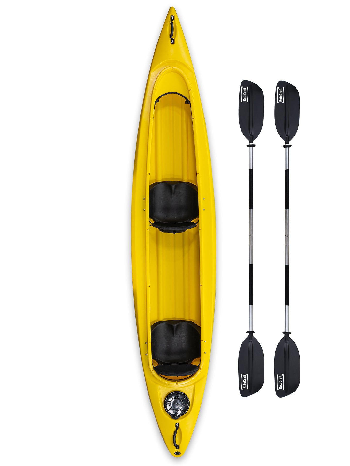 RotoCraft 14 foot tandem sit-in kayak, vertical view with paddles - solar yellow