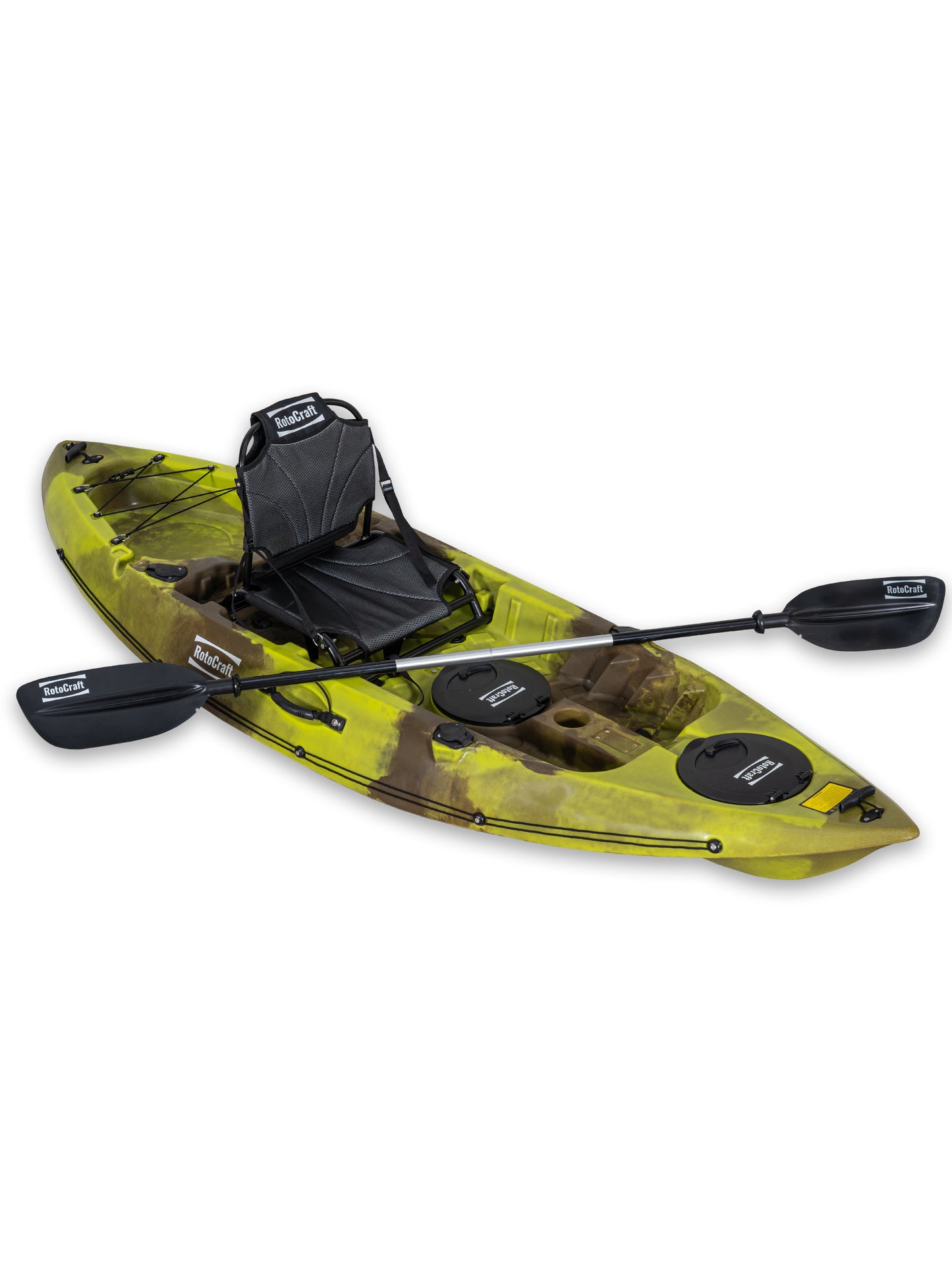 RotoCraft 9 foot single kayak, angle view with paddle - gecko lime green with brown accent