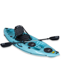 RotoCraft 9 foot single kayak, angle view with paddle - glacier blue