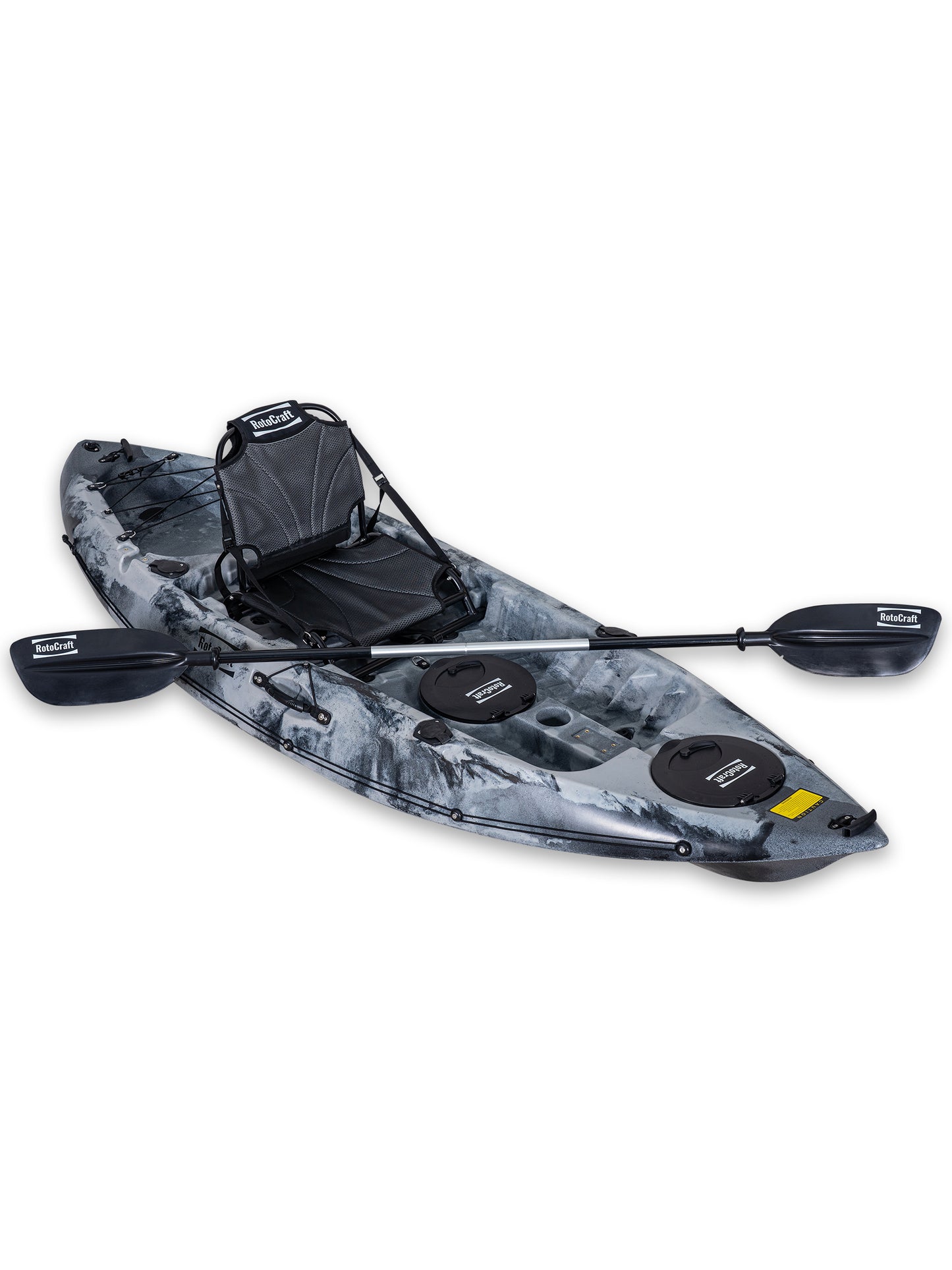 RotoCraft 9 foot single kayak, angle view with paddle - granite