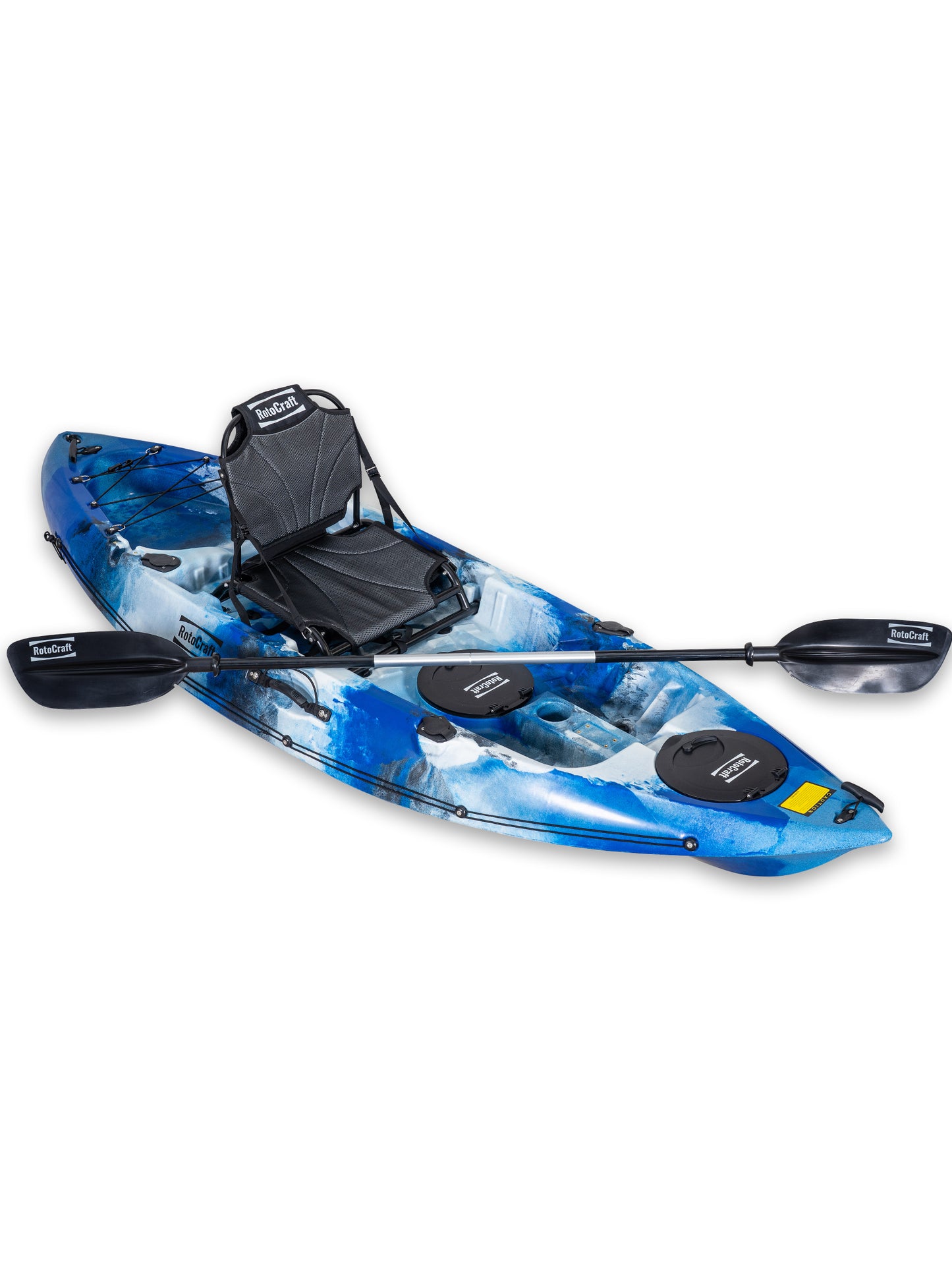 RotoCraft 9 foot single kayak, angle view with paddle - oceana blue with white