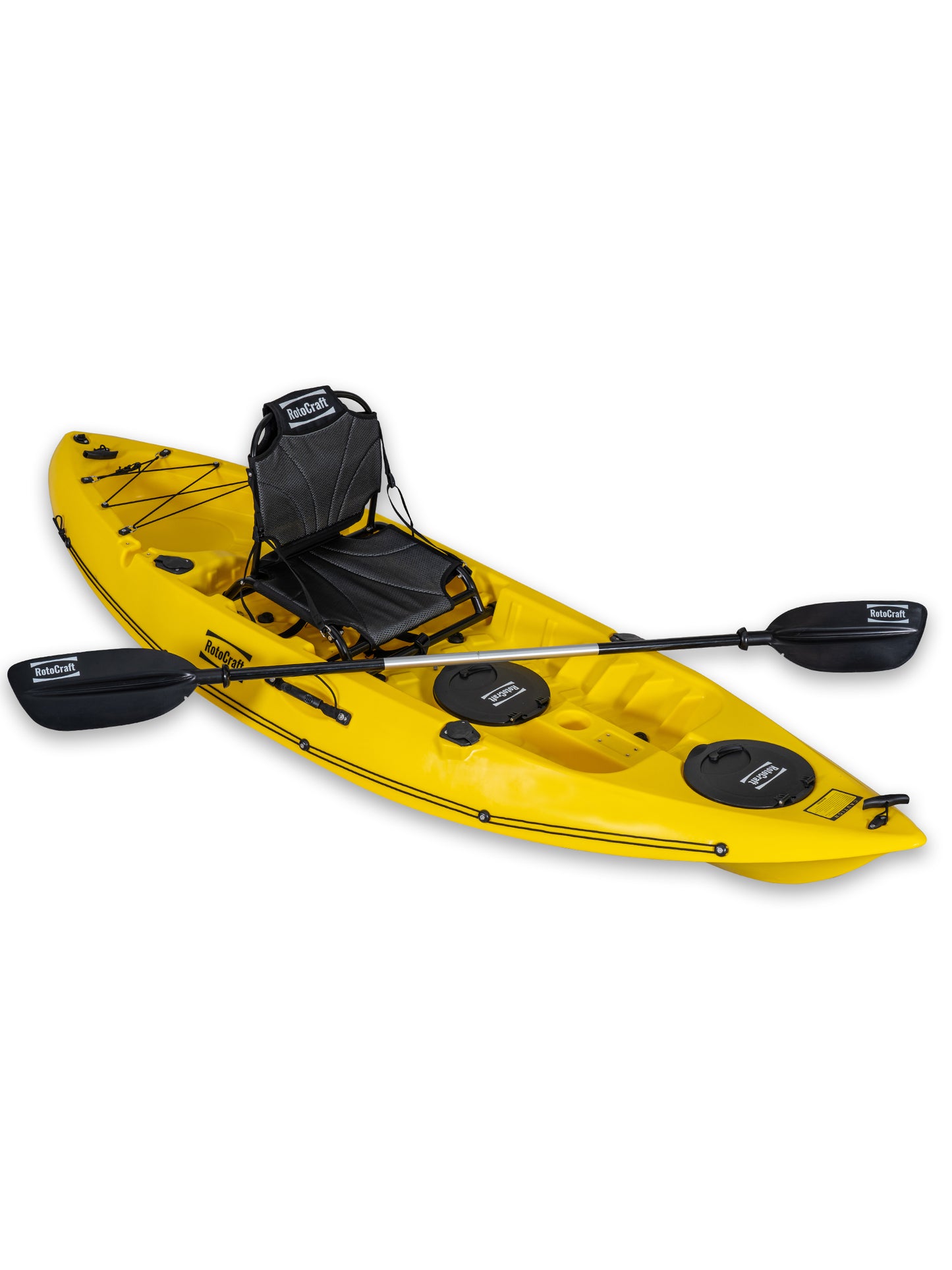 RotoCraft 9 foot single kayak, angle view with paddle - solar yellow