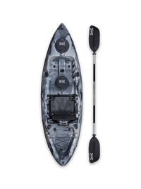 RotoCraft 9 foot single kayak, overhead view with paddle - granite grey with black accent