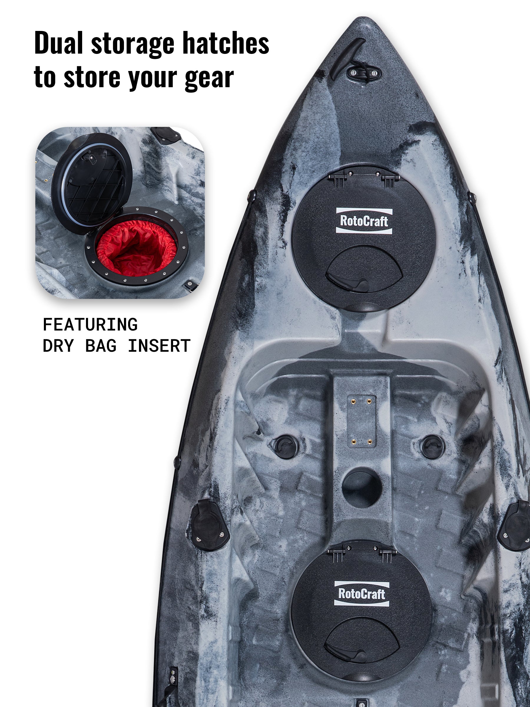 RotoCraft 9 foot single kayak, two storage hatches- granite grey with black accent