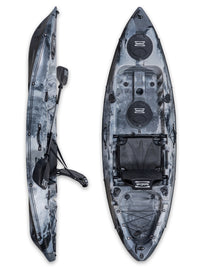 RotoCraft 9 foot single kayak, vertical and side views -  granite grey with black accent