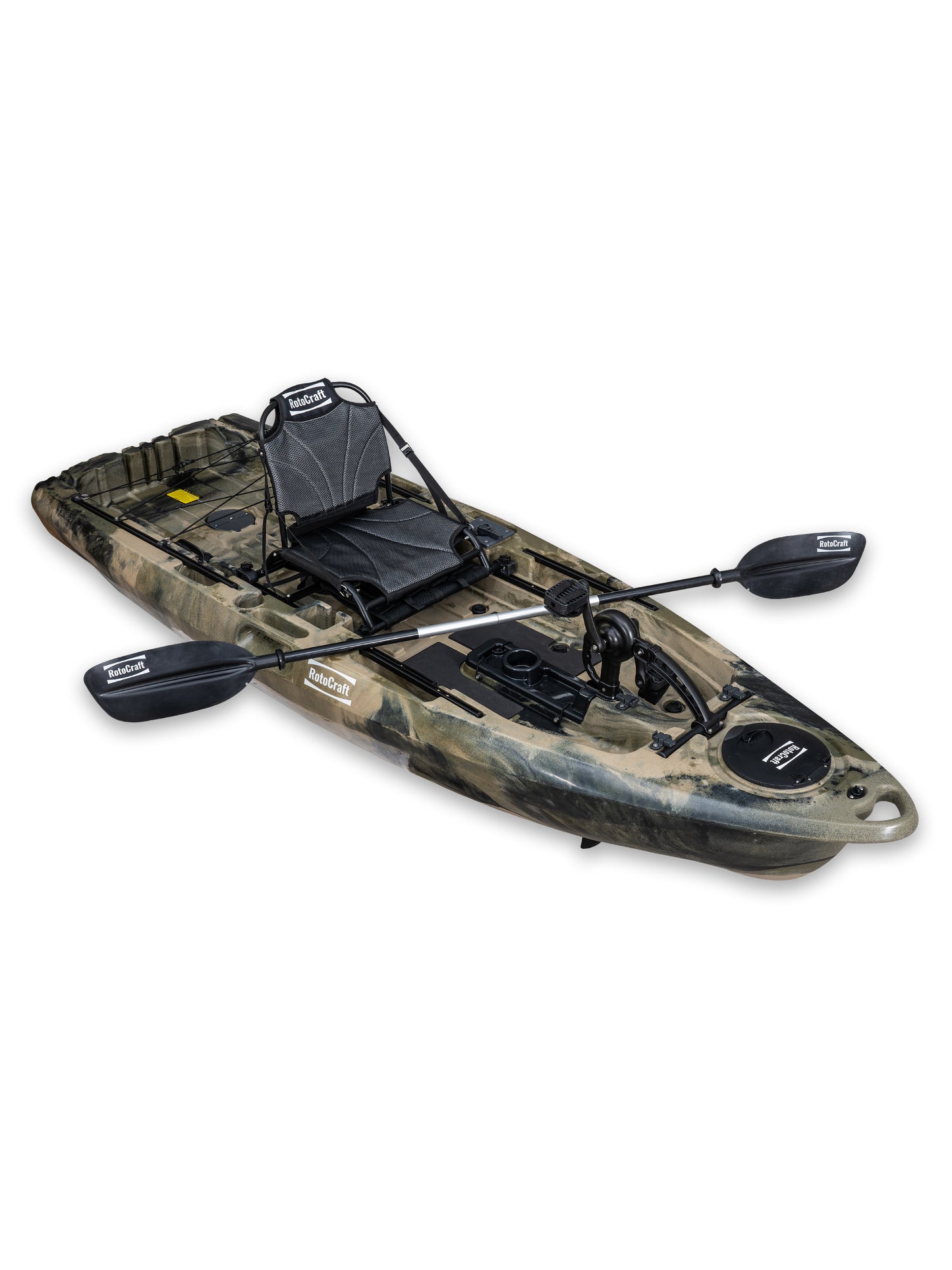 RotoCraft 9.5 foot single pedal drive kayak, angle view with paddle -camouflage