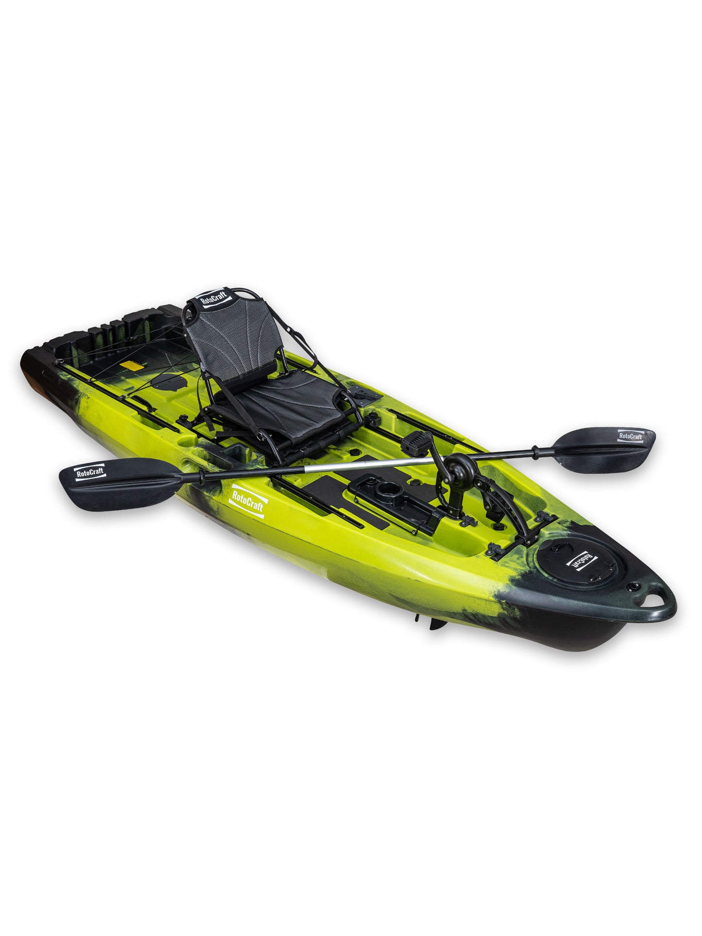 RotoCraft 9.5 foot single pedal drive kayak, angle view with paddle - gecko lime green with black accent