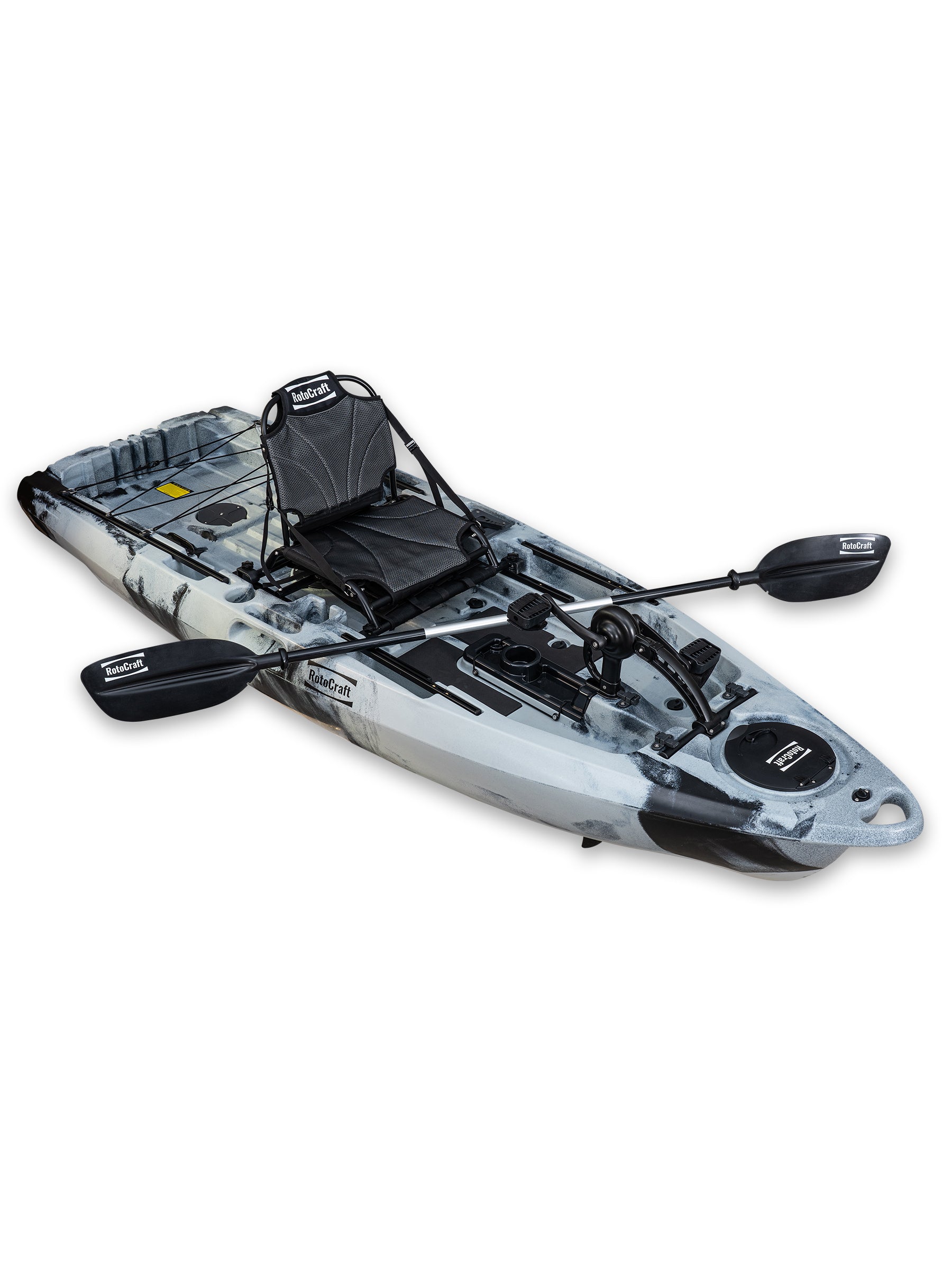 RotoCraft 9.5 foot single pedal drive kayak, angle view with paddle - granite grey with black accent