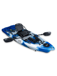 RotoCraft 9.5 foot single pedal drive kayak, angle view with paddle - oceana blue with white