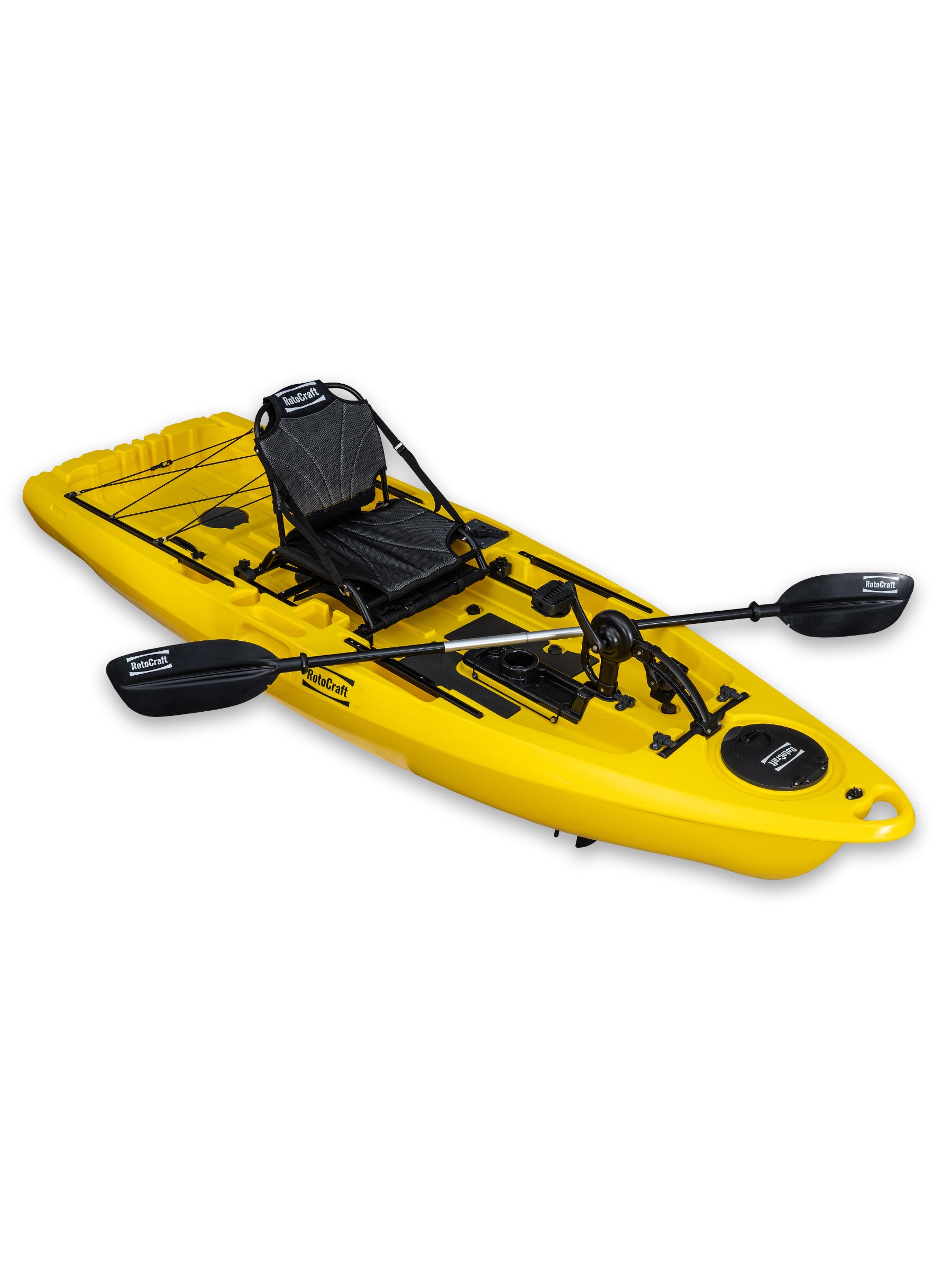 RotoCraft 9.5 foot single pedal drive kayak, angle view with paddle - solar yellow